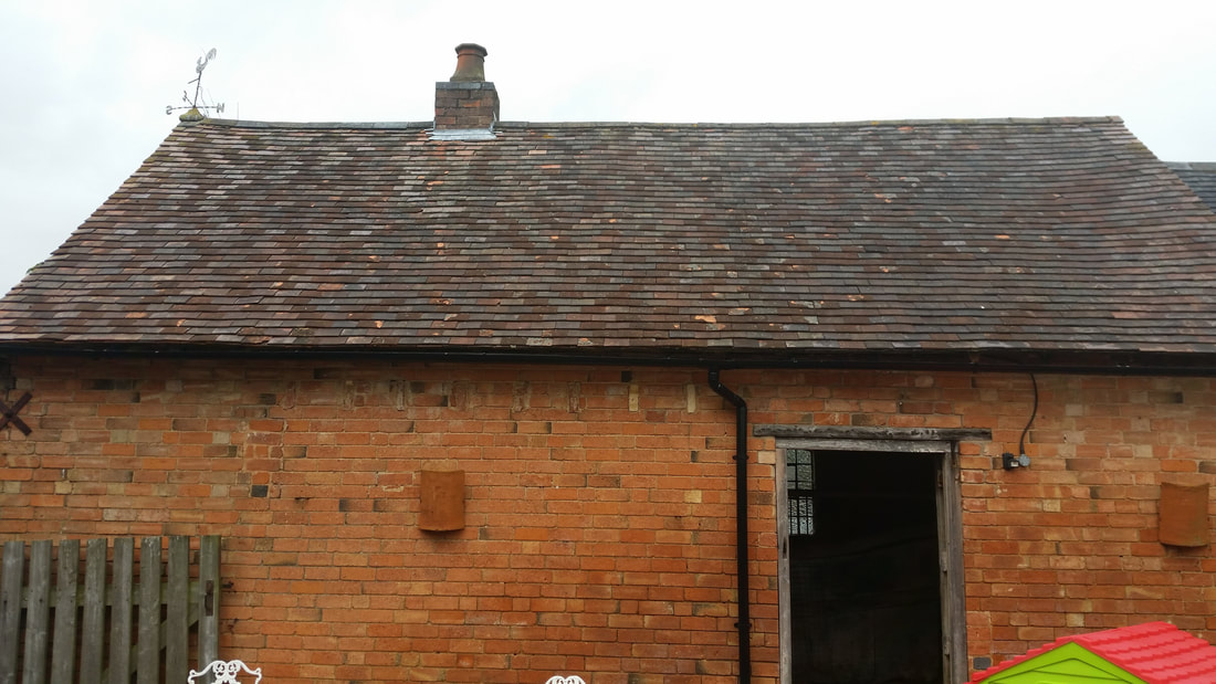 Chadbury Mill, Evesham — original brick mill outbuilding and tiled roof before refurbishment, May 2015